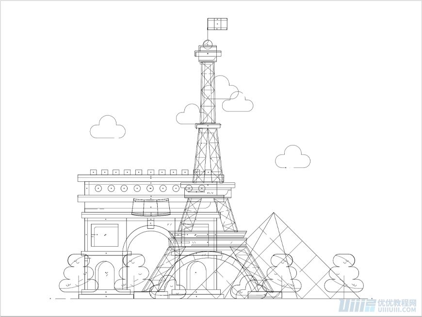 AI教程！描边风格法国建筑插画