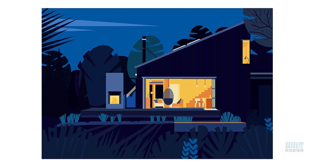 AI+PS教程！教你绘制静谧夜晚下温暖的庭院插画