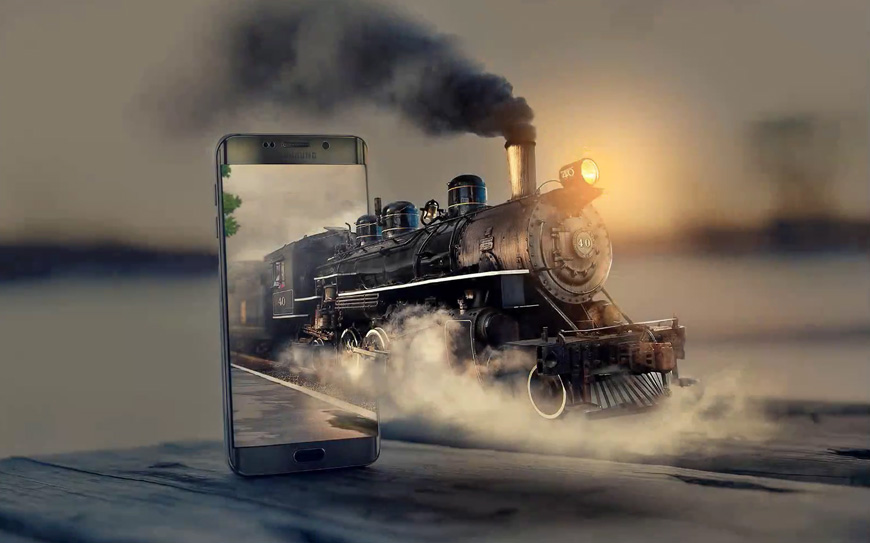 PS教程！教你合成手机中驶出3D火车头效果