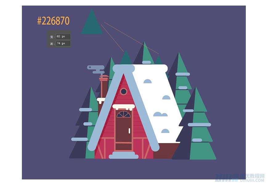 AI教程！冬天月夜的森林小屋插画