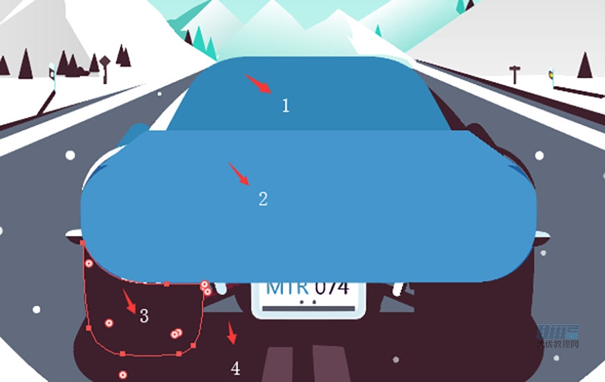 AI教程！教你绘制开往雪山的小车矢量风格场景插画